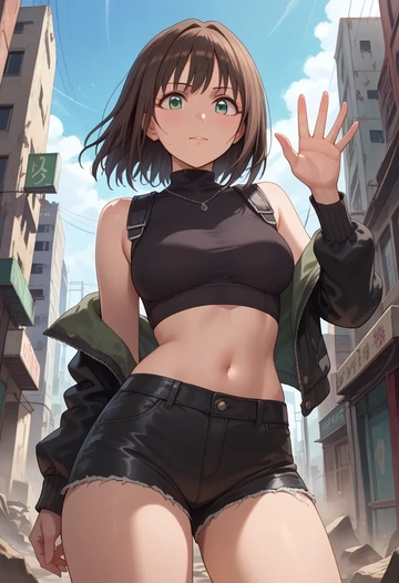 idolmaster,shibuya_rin,leather,shorts,crop top  - AI generated anime art