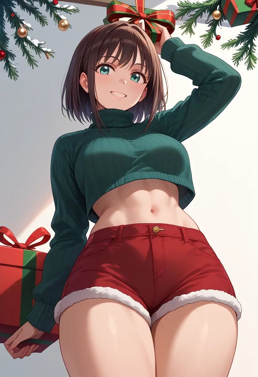 idolmaster,shibuya_rin,Christmas,red velvet shorts,turtleneck sweater  - 