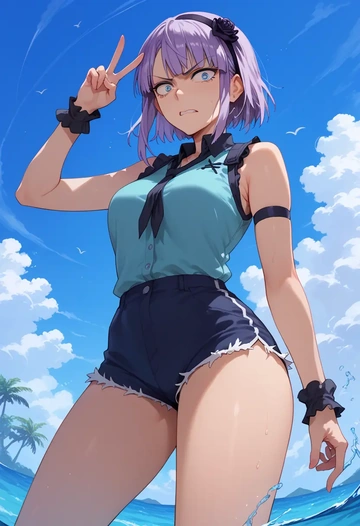 dagashi_kashi,shidare_hotaru,sleeveless swim top,shorts-style bottom,contrast stitching  - AI generated anime art