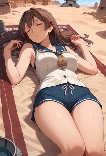 kantai_collection,shigure_(kancolle),sleeveless swim top,shorts-style bottom,contrast stitching  - AI generated anime art