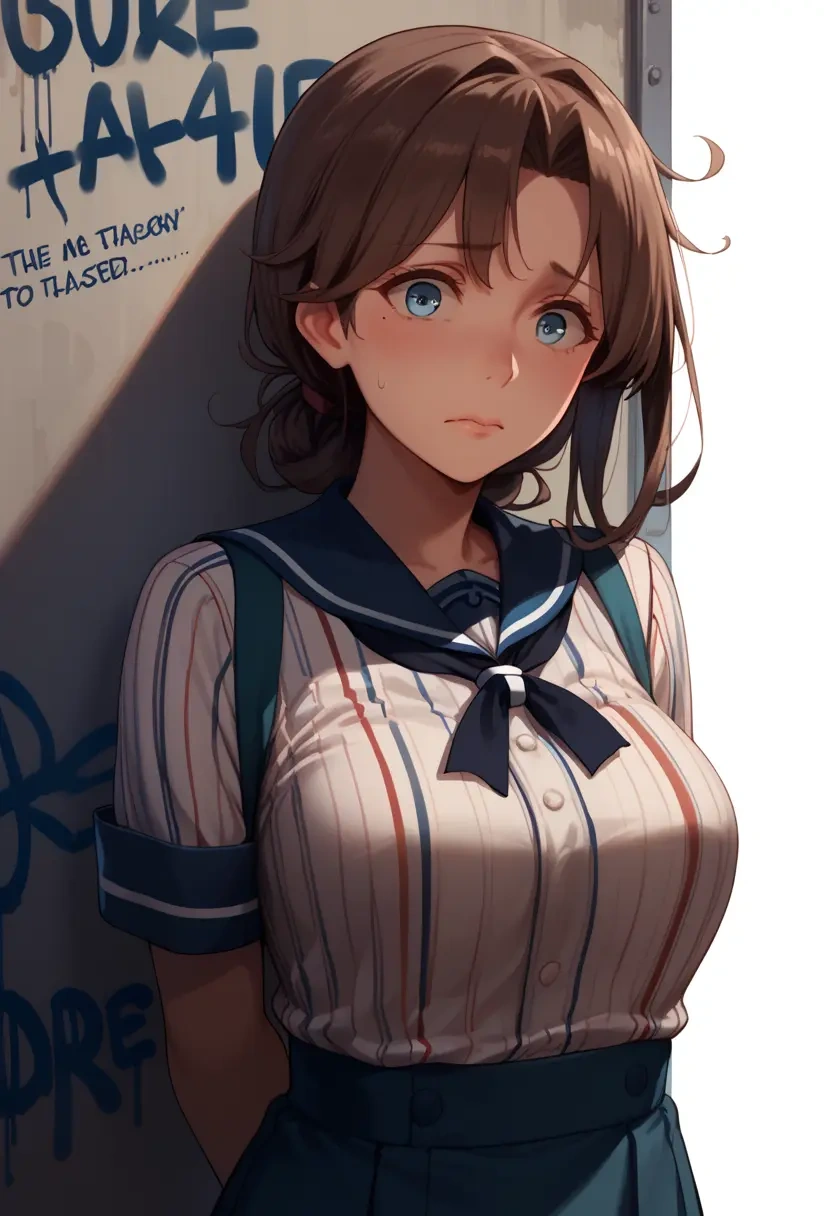 kantai_collection,shigure_(kancolle),striped graffiti blouse,dolphin shorts  - 