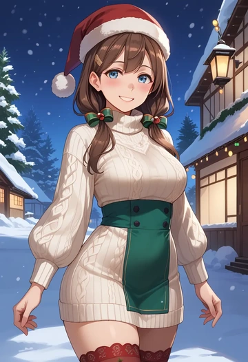 kantai_collection,shigure_kai_ni_(kancolle),Christmas,sweater dress,stockings  - AI generated anime art