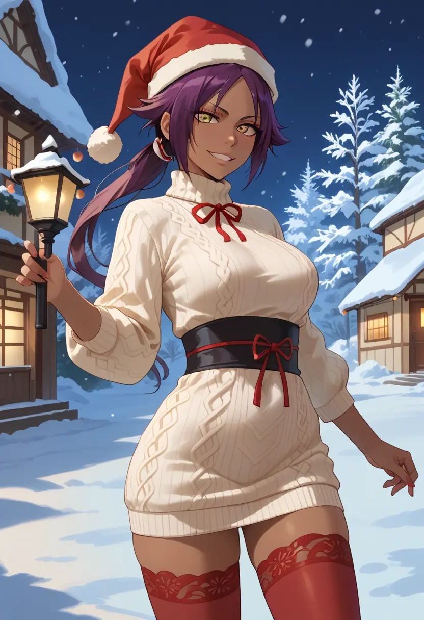 bleach,shihouin_yoruichi,Christmas,sweater dress,stockings  - 