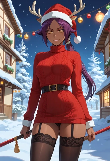 bleach,shihouin_yoruichi,sweater,stockings,Thigh garters  - AI generated anime art