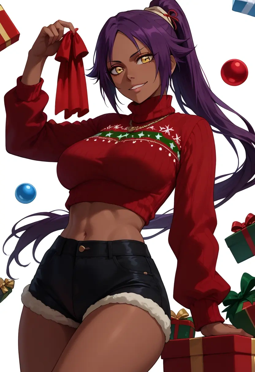 bleach,shihouin_yoruichi,Christmas,red velvet shorts,turtleneck sweater  - 