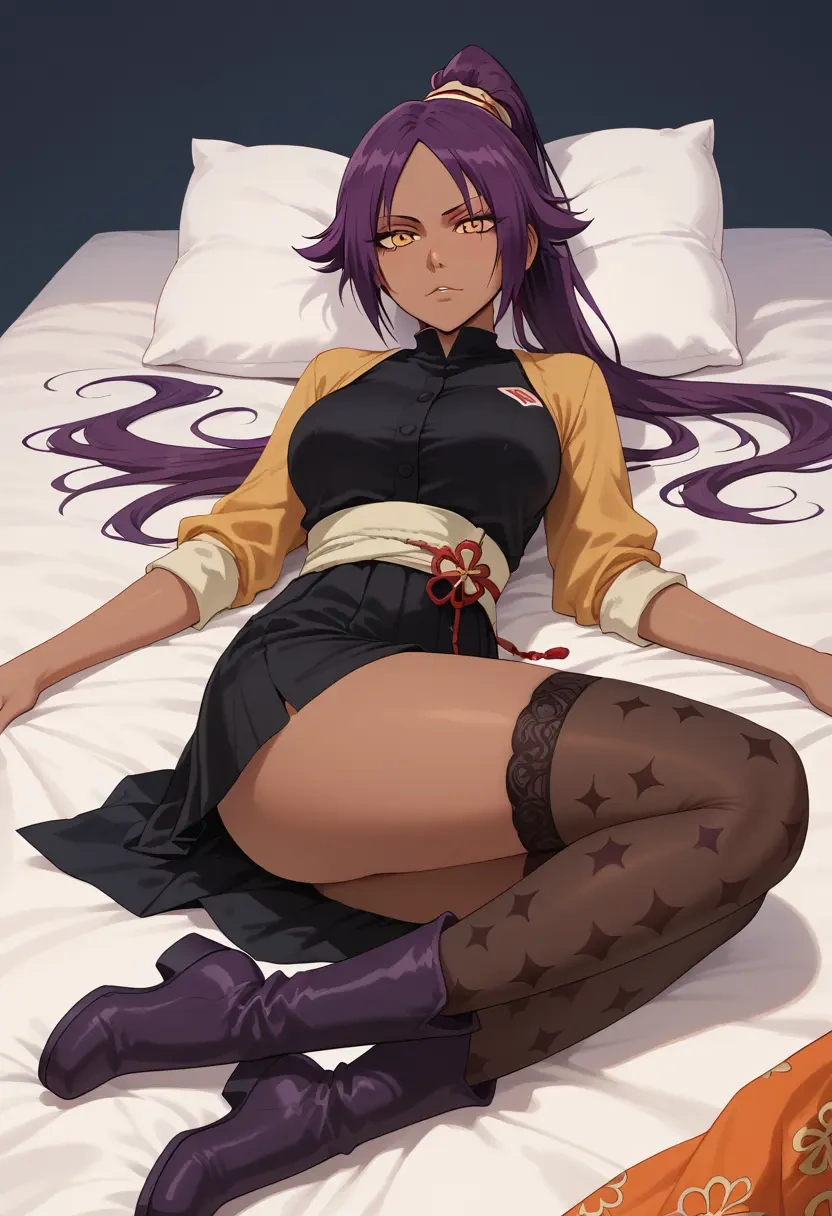 bleach,shihouin_yoruichi,shirt dress,belted,stockings  - 