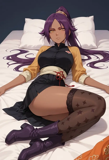 bleach,shihouin_yoruichi,shirt dress,belted,stockings  - AI generated anime art