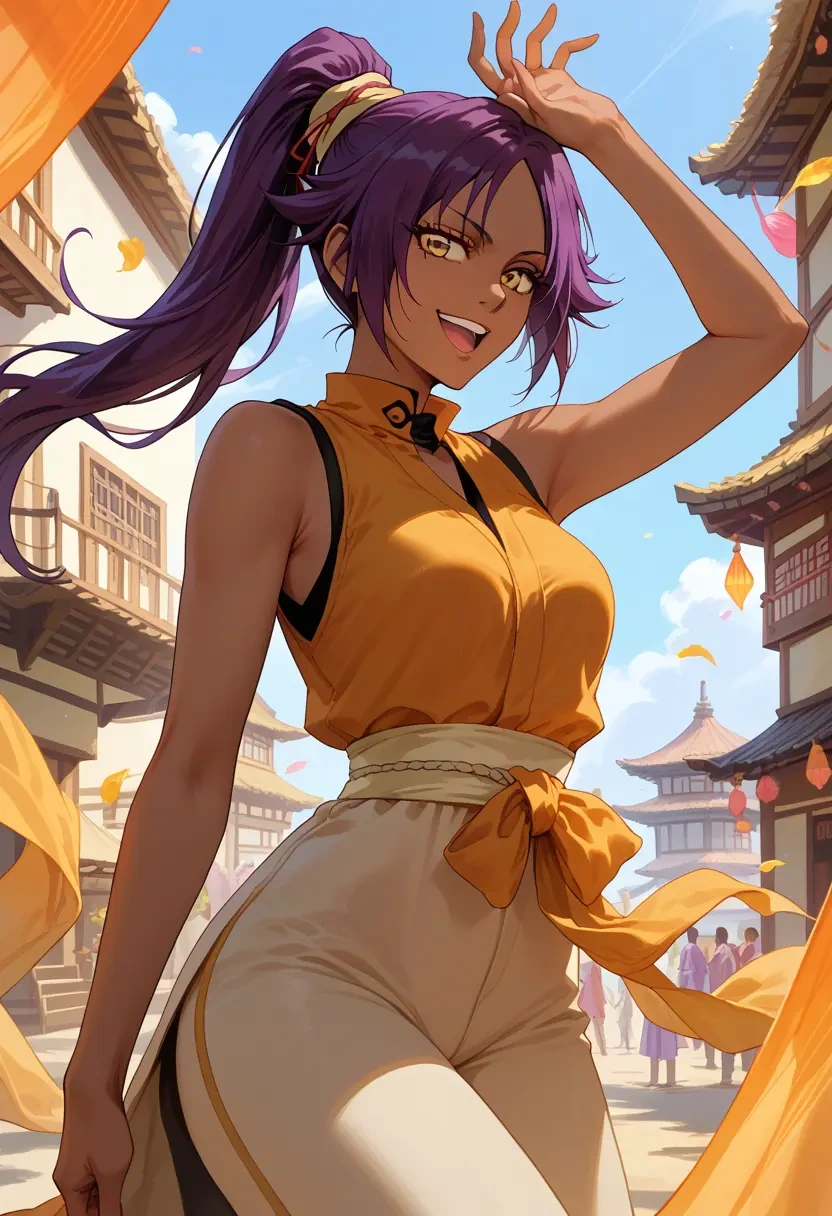 bleach,shihouin_yoruichi,jumpsuit,sleeveless,flare pants  - 