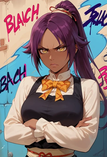 bleach,shihouin_yoruichi,striped graffiti blouse,dolphin shorts  - AI generated anime art