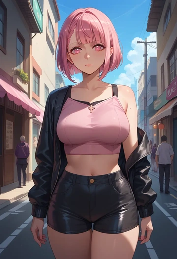 nijisanji,shiina_yuika,leather,shorts,crop top  - AI generated anime art