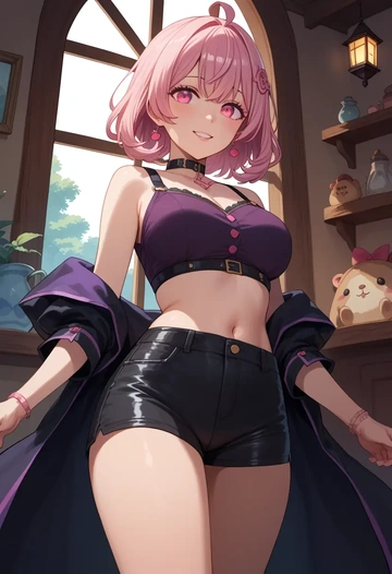 nijisanji,shiina_yuika,leather,shorts,crop top  - AI generated anime art