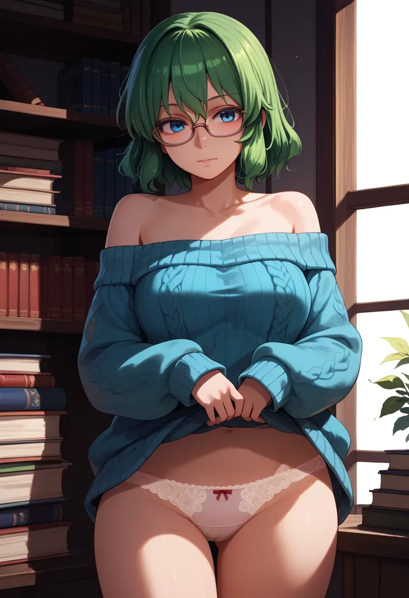 touhou,shiki_eiki,off-shoulder,panties,glasses,sweater  - 