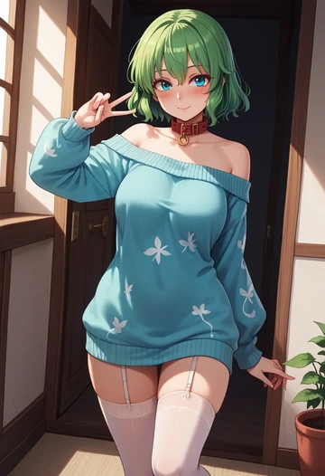 touhou,shiki_eiki,blushing,collar,off-shoulder,sweater,stockings  - AI generated anime art