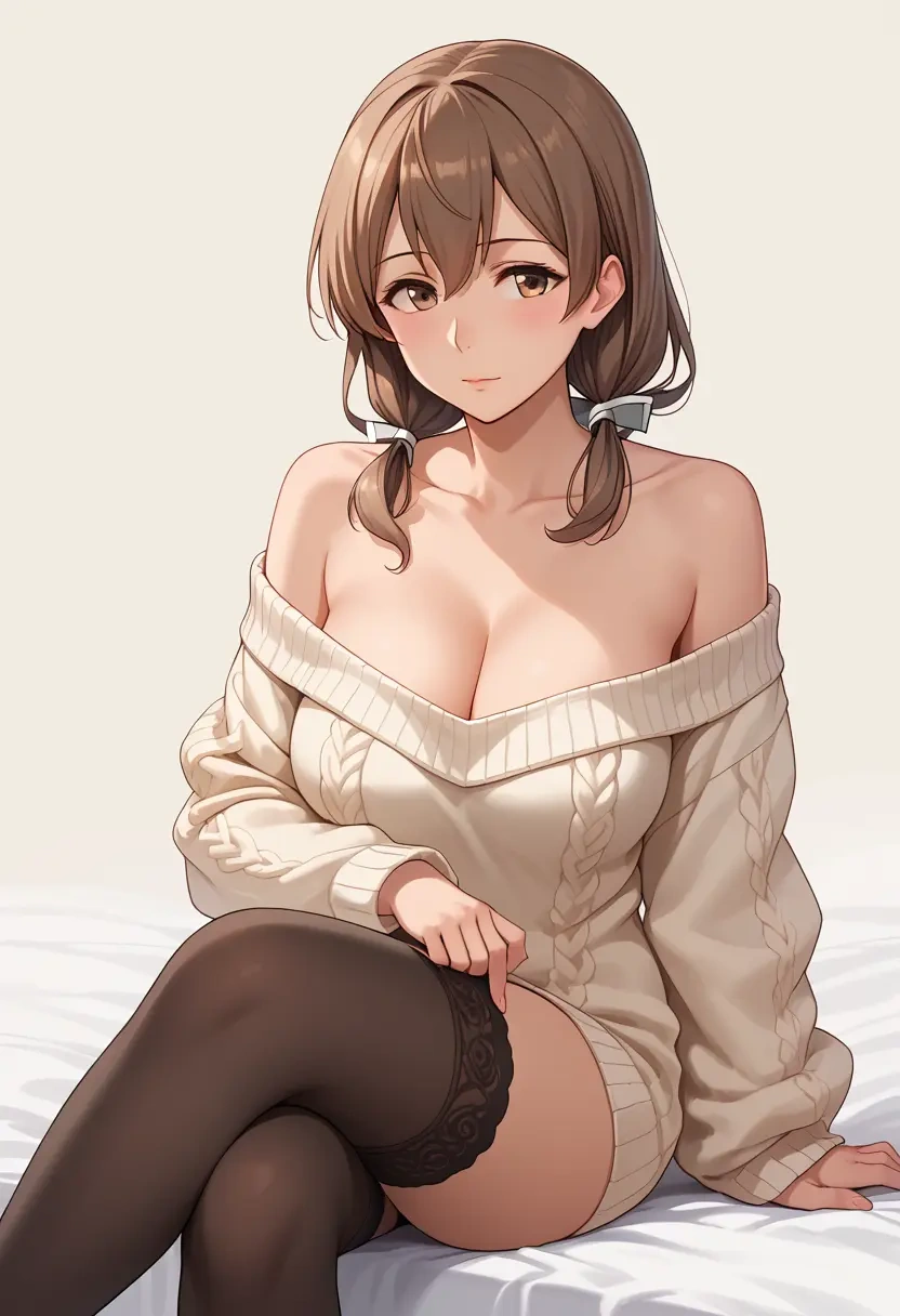 kantai_collection,shikinami_(kancolle),cross-legged,Head resting on hand,off-shoulder,sweater  - 