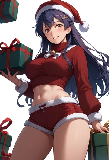 kantai_collection,shikinami_(kancolle),Christmas,red velvet shorts,turtleneck sweater  - AI generated anime art