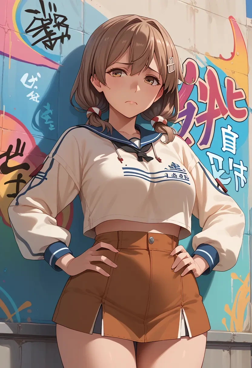 kantai_collection,shikinami_(kancolle),cropped graffiti sweatshirt,dolphin shorts  - 