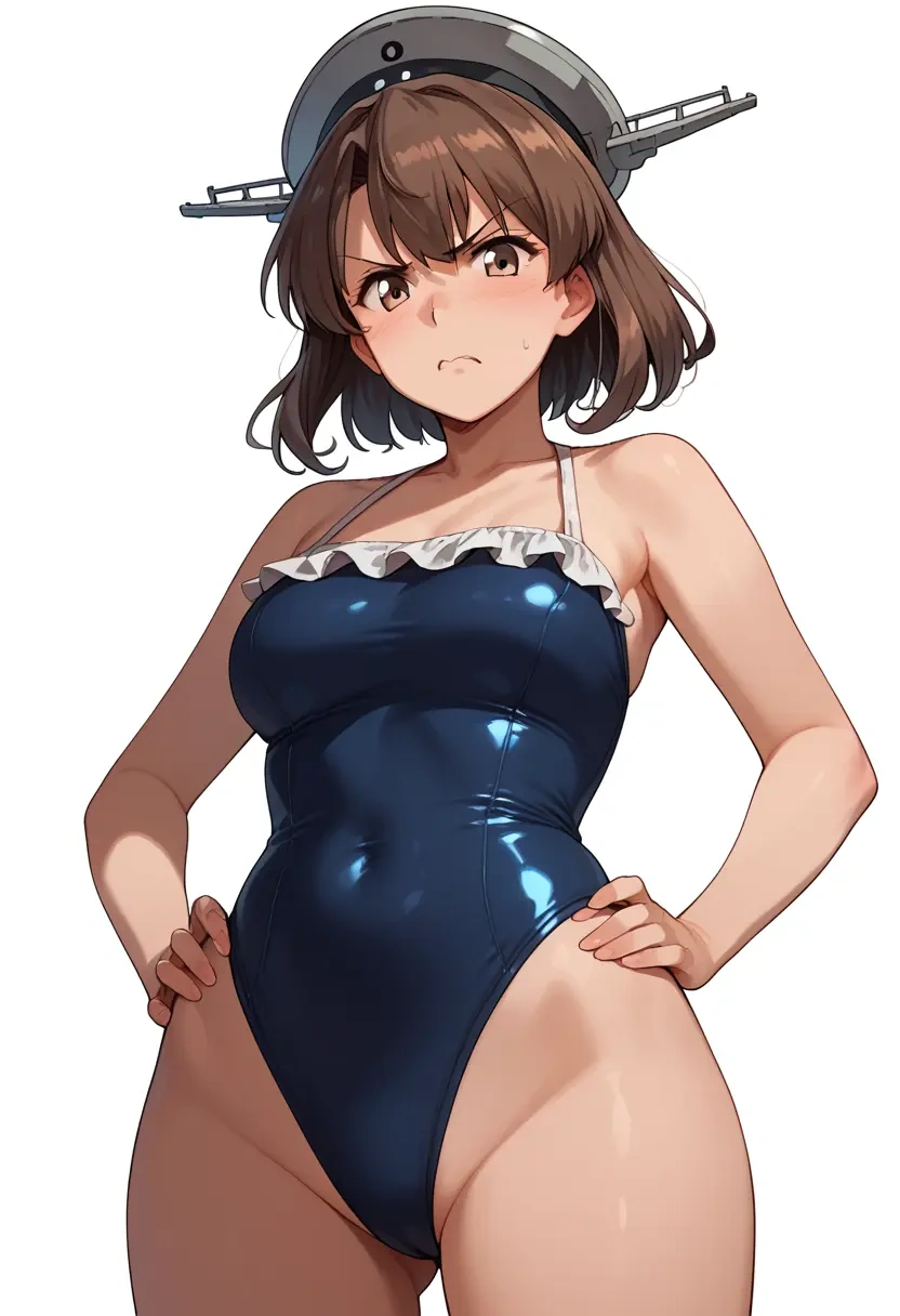 kantai_collection,shikinami_(kancolle),retro style swimsuit,frilled neckline,bow detail  - 