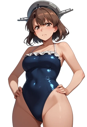 kantai_collection,shikinami_(kancolle),retro style swimsuit,frilled neckline,bow detail  - AI generated anime art