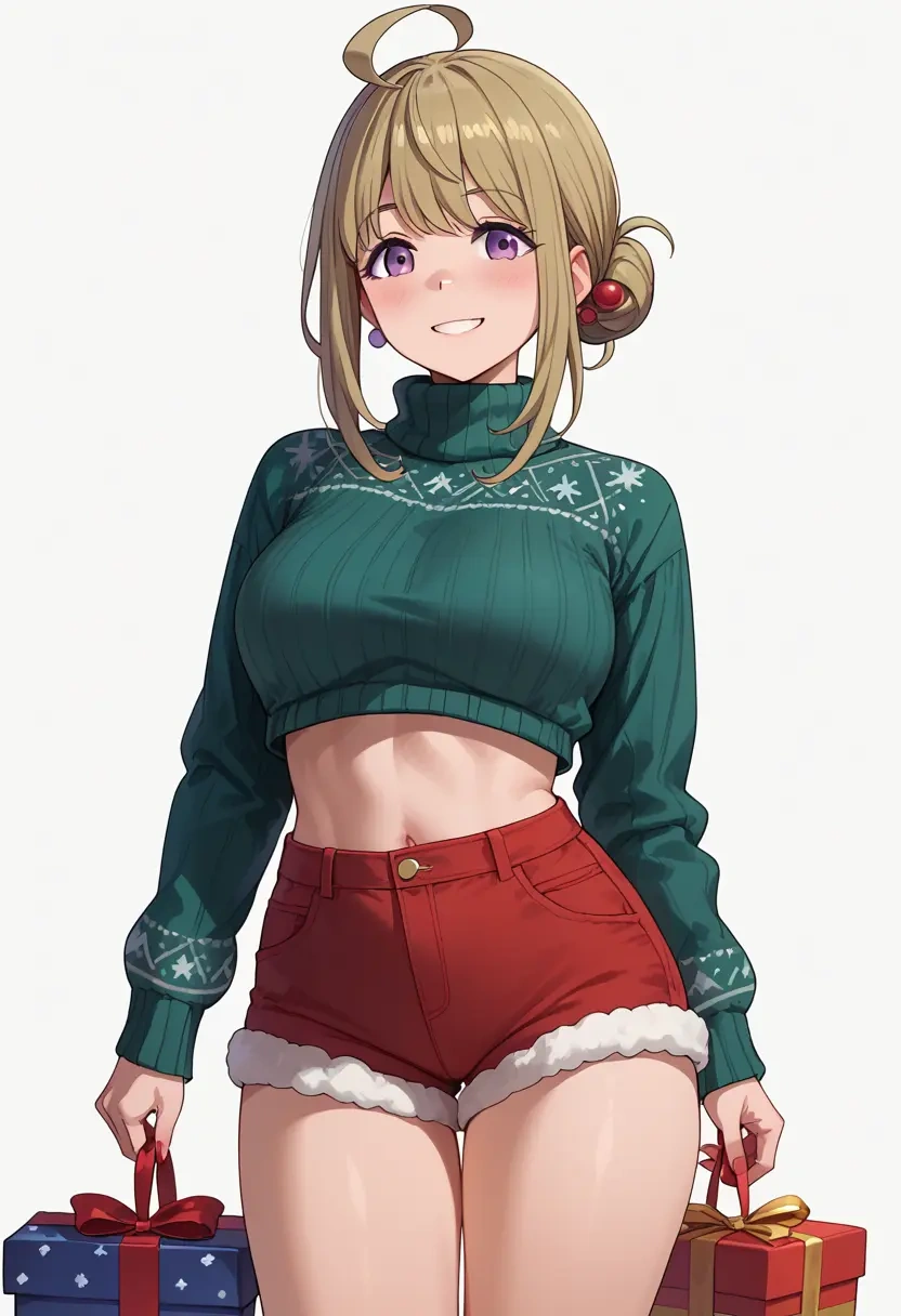 yurucamp,shima_rin,Christmas,red velvet shorts,turtleneck sweater  - 