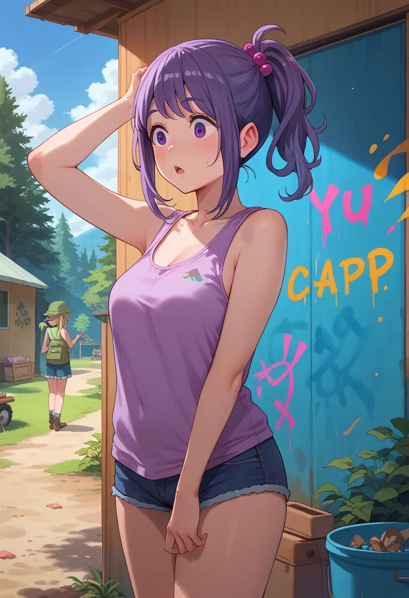 yurucamp,shima_rin,abstract graffiti tank,dolphin shorts  - 