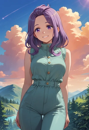 yurucamp,shima_rin,jumpsuit,sleeveless,flare pants  - AI generated anime art