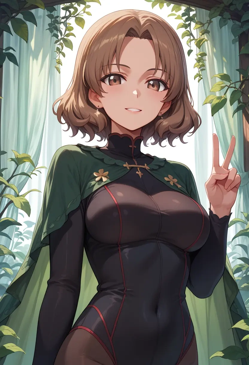 girls_und_panzer,shimada_arisu,black widow bodysuit,spiderweb cape,leather gloves  - 