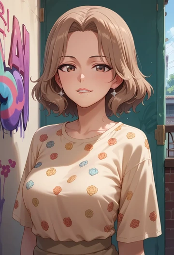 girls_und_panzer,shimada_arisu,silk graffiti shirt,dolphin shorts  - AI generated anime art