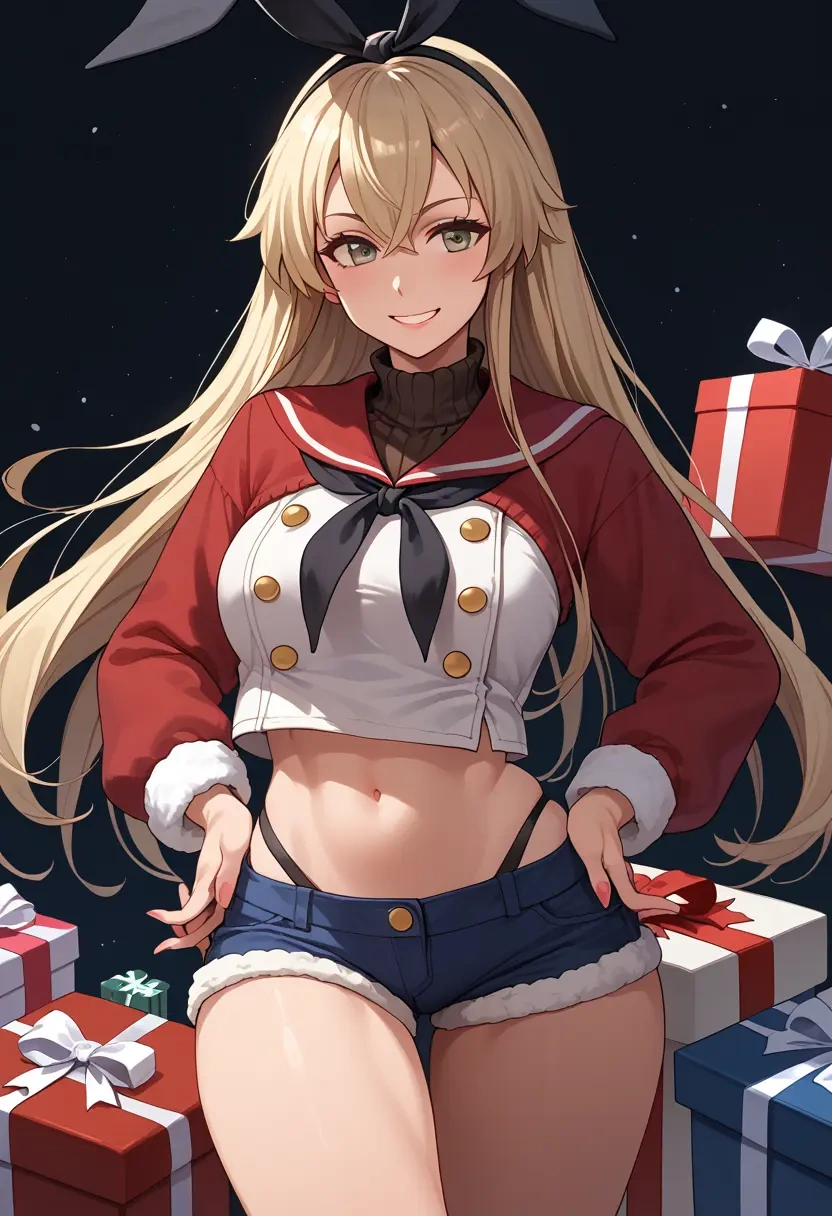 kantai_collection,shimakaze_(kancolle),Christmas,red velvet shorts,turtleneck sweater  - 