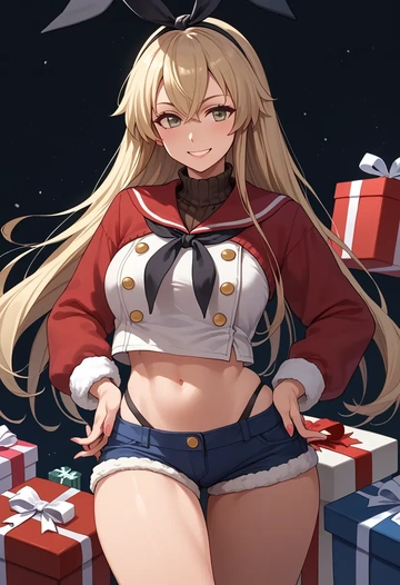 kantai_collection,shimakaze_(kancolle),Christmas,red velvet shorts,turtleneck sweater  - AI generated anime art