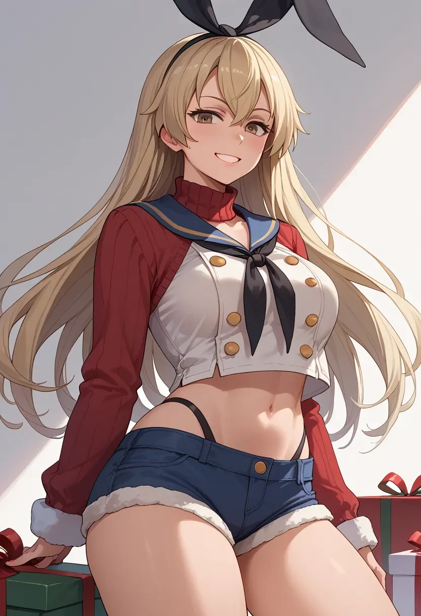 kantai_collection,shimakaze_(kancolle),Christmas,red velvet shorts,turtleneck sweater  - 