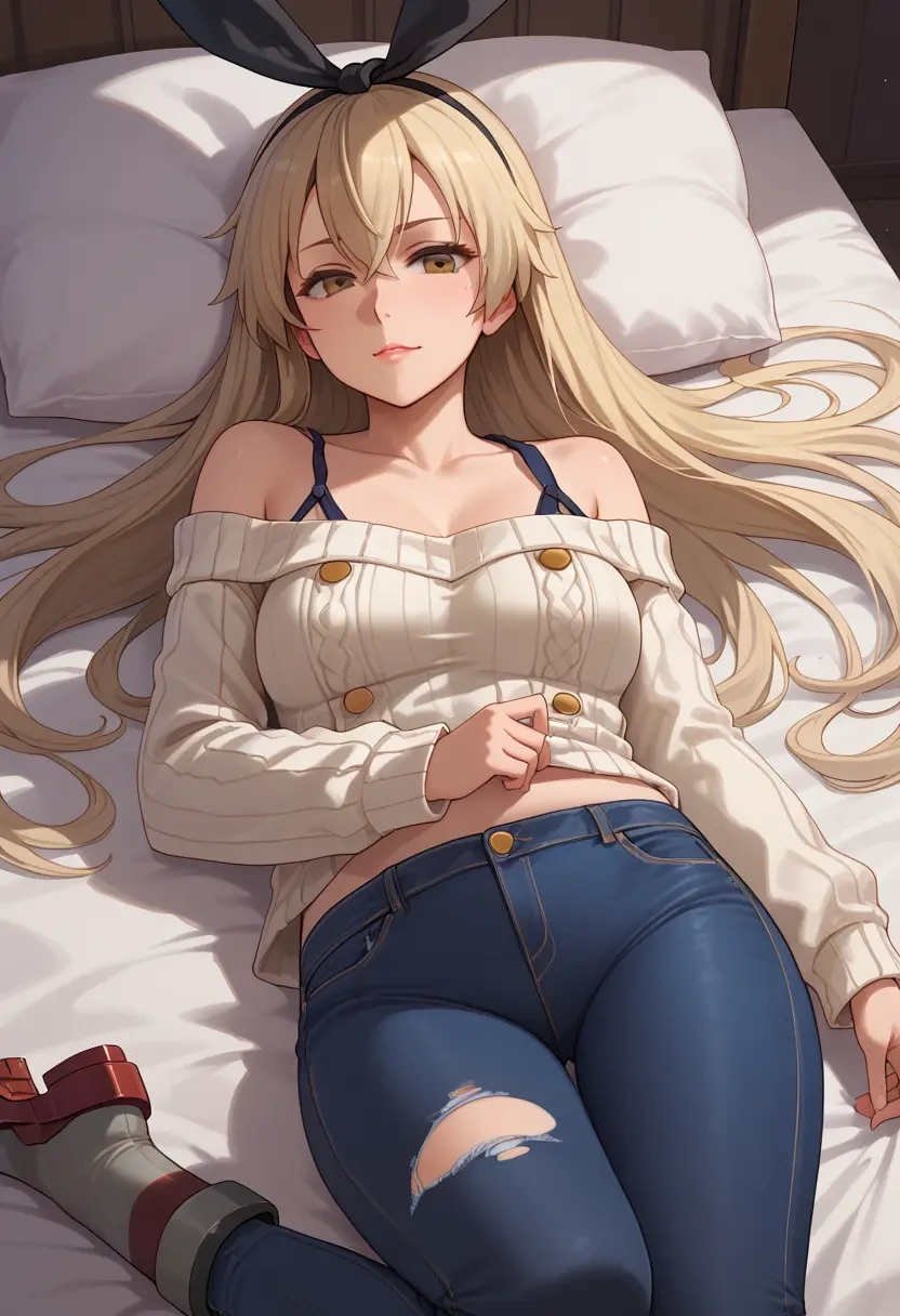 kantai_collection,shimakaze_(kancolle),sweater,off-shoulder,ripped jeans  - 