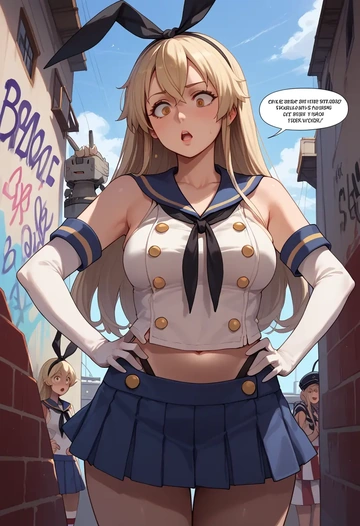 kantai_collection,shimakaze_(kancolle),striped graffiti blouse,dolphin shorts  - AI generated anime art