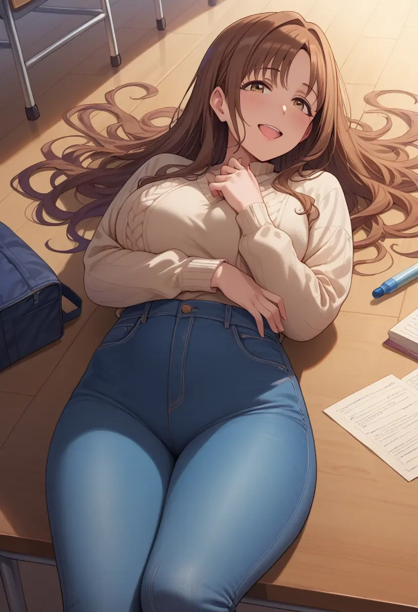 idolmaster,shimamura_uzuki,teacher, sweater, jeans shorts  - 