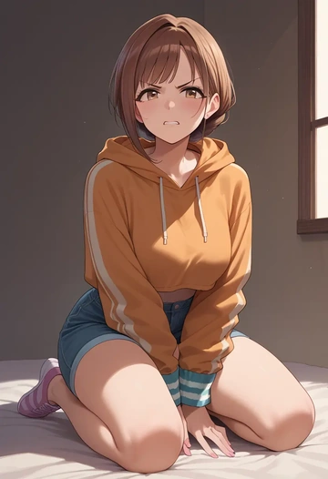 idolmaster,shimamura_uzuki,hoodie,cropped,high-waisted joggers  - AI generated anime art