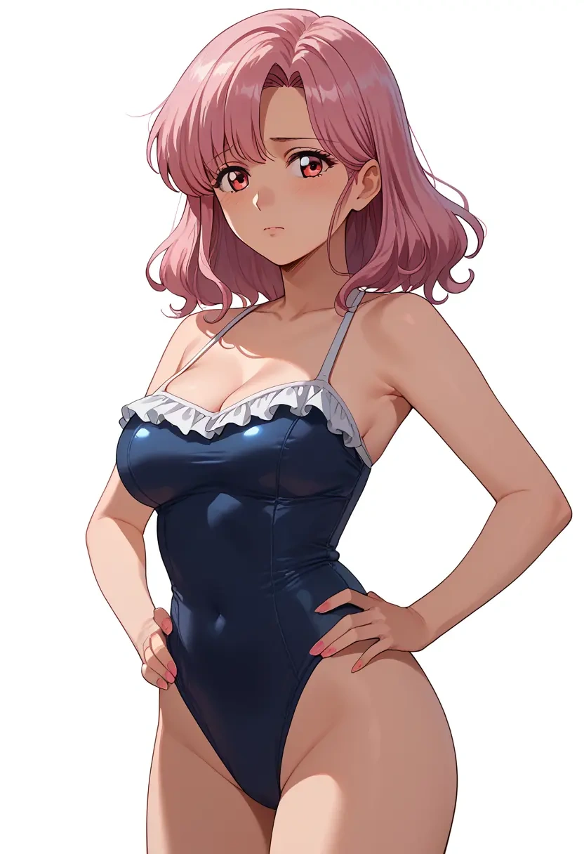 gridman_universe,shinjou_akane,retro style swimsuit,frilled neckline,bow detail  - 