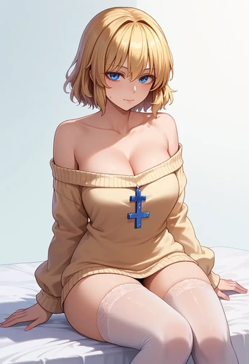 touhou,shinki_(touhou),cross-legged,off-shoulder,sweater,stockings  - AI generated anime art