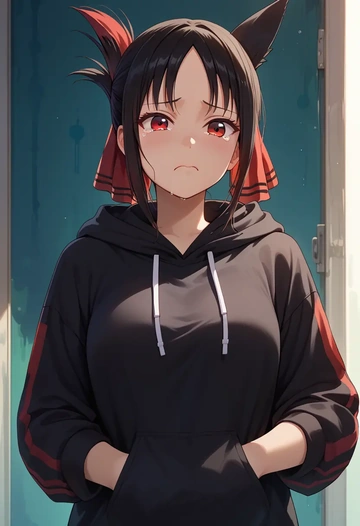 kaguya_sama_wa_kokurasetai,shinomiya_kaguya,oversized graphic hoodie,thigh-high socks,shorts  - AI generated anime art