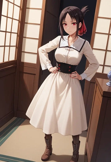 kaguya_sama_wa_kokurasetai,shinomiya_kaguya,shirt dress,belted,stockings  - AI generated anime art