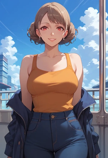 persona,shiomi_kotone,abstract print tank,dolphin shorts  - AI generated anime art