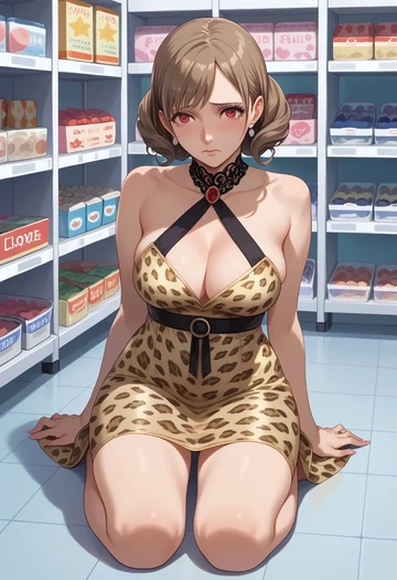 persona,shiomi_kotone,leopard print,silk slip dress  - AI generated anime art