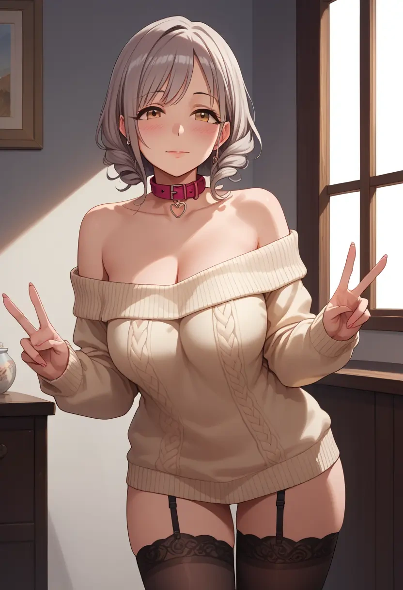 idolmaster,shiomi_syuko,blushing,collar,off-shoulder,sweater,stockings  - 