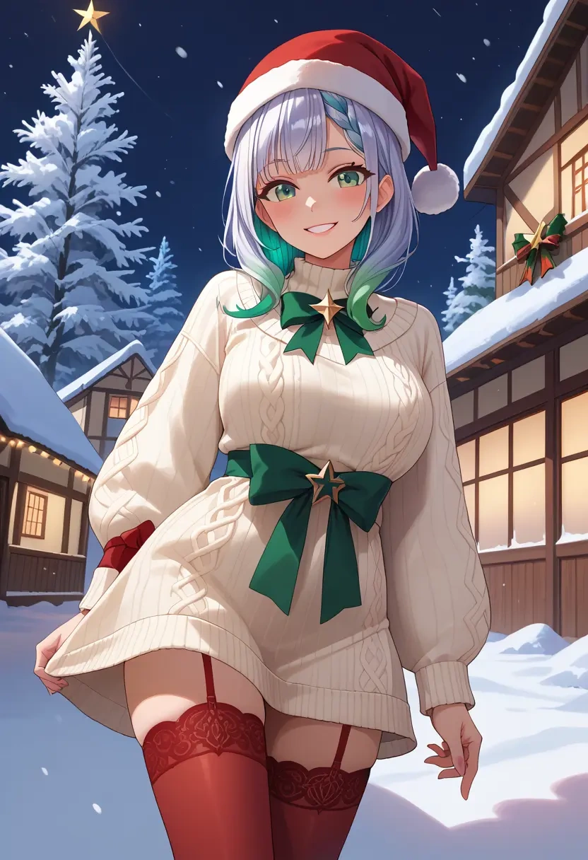 hololive,shirakami_fubuki_(1st_costume),Christmas,sweater dress,stockings  - 