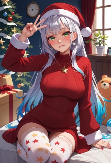 hololive,shirakami_fubuki_(1st_costume),Christmas,sweater dress,stockings  - AI generated anime art