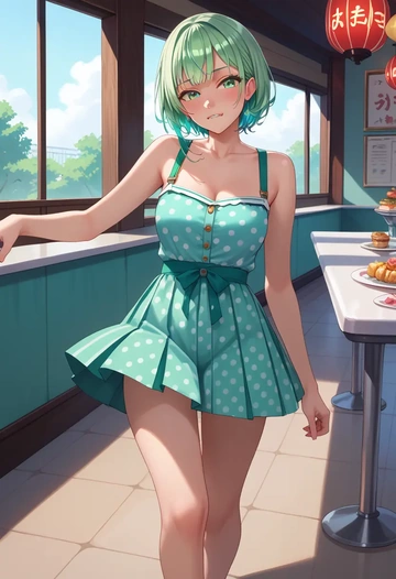 hololive,shirakami_fubuki_(1st_costume),silk slip dress,polka dots  - AI generated anime art