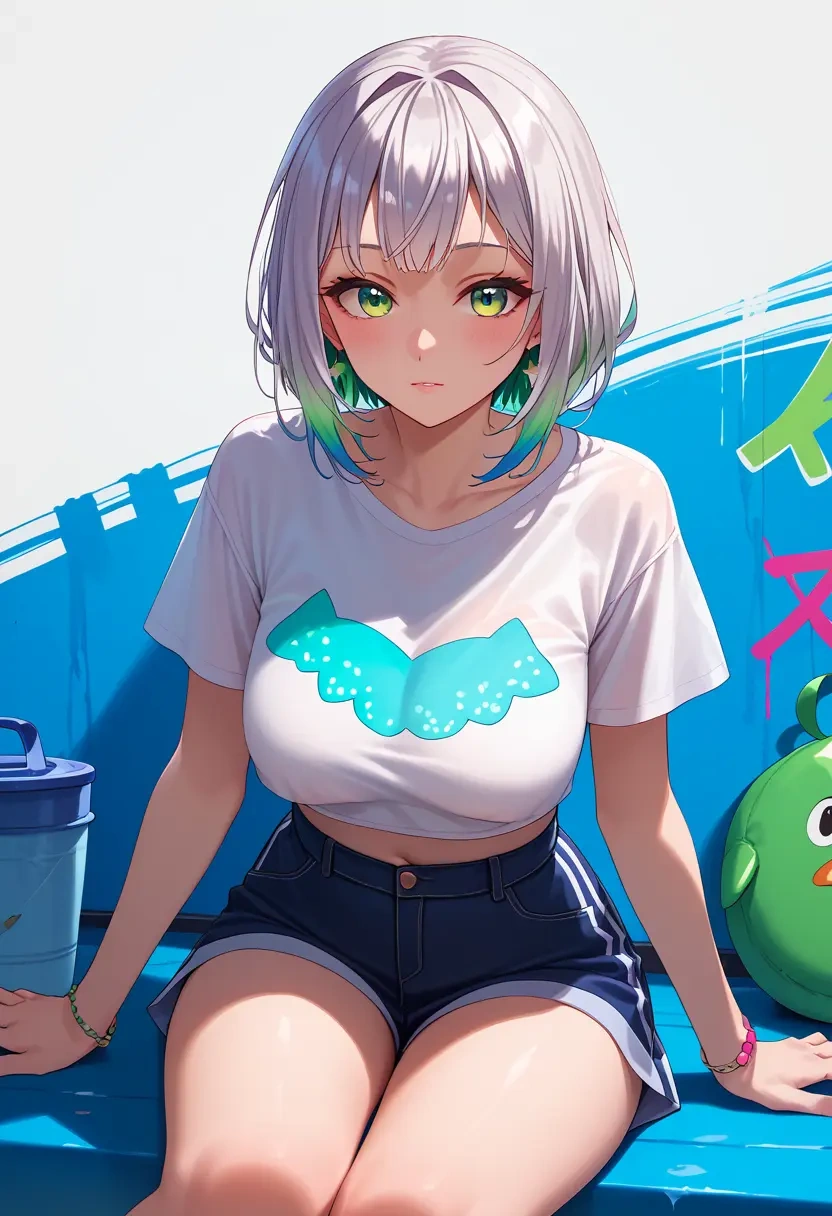 hololive,shirakami_fubuki_(1st_costume),crop graffiti tee,dolphin shorts  - 