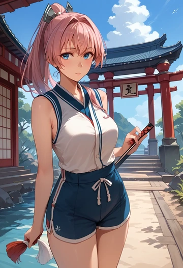 kantai_collection,shiranui_(kancolle),sleeveless swim top,shorts-style bottom,contrast stitching  - AI generated anime art