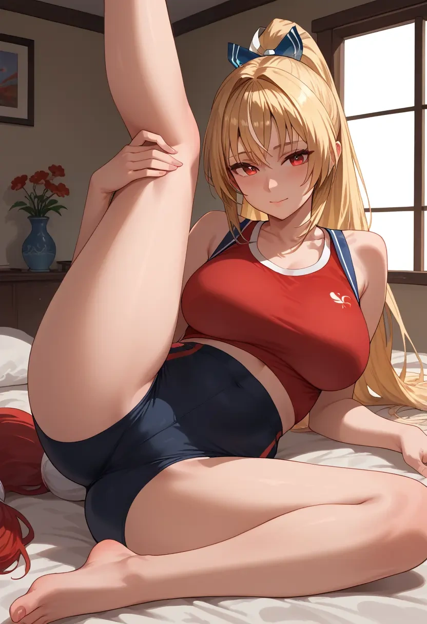 hololive,shiranui_flare,yoga shorts,spread legs,sexy,one leg up  - 