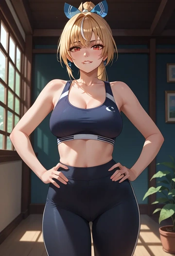 hololive,shiranui_flare,yoga shorts, bra  - AI generated anime art