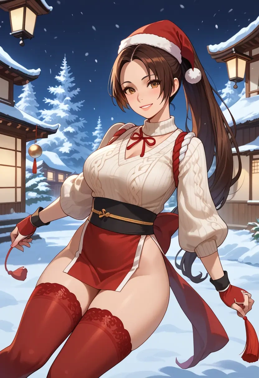 fatal_fury,shiranui_mai,Christmas,sweater dress,stockings  - 