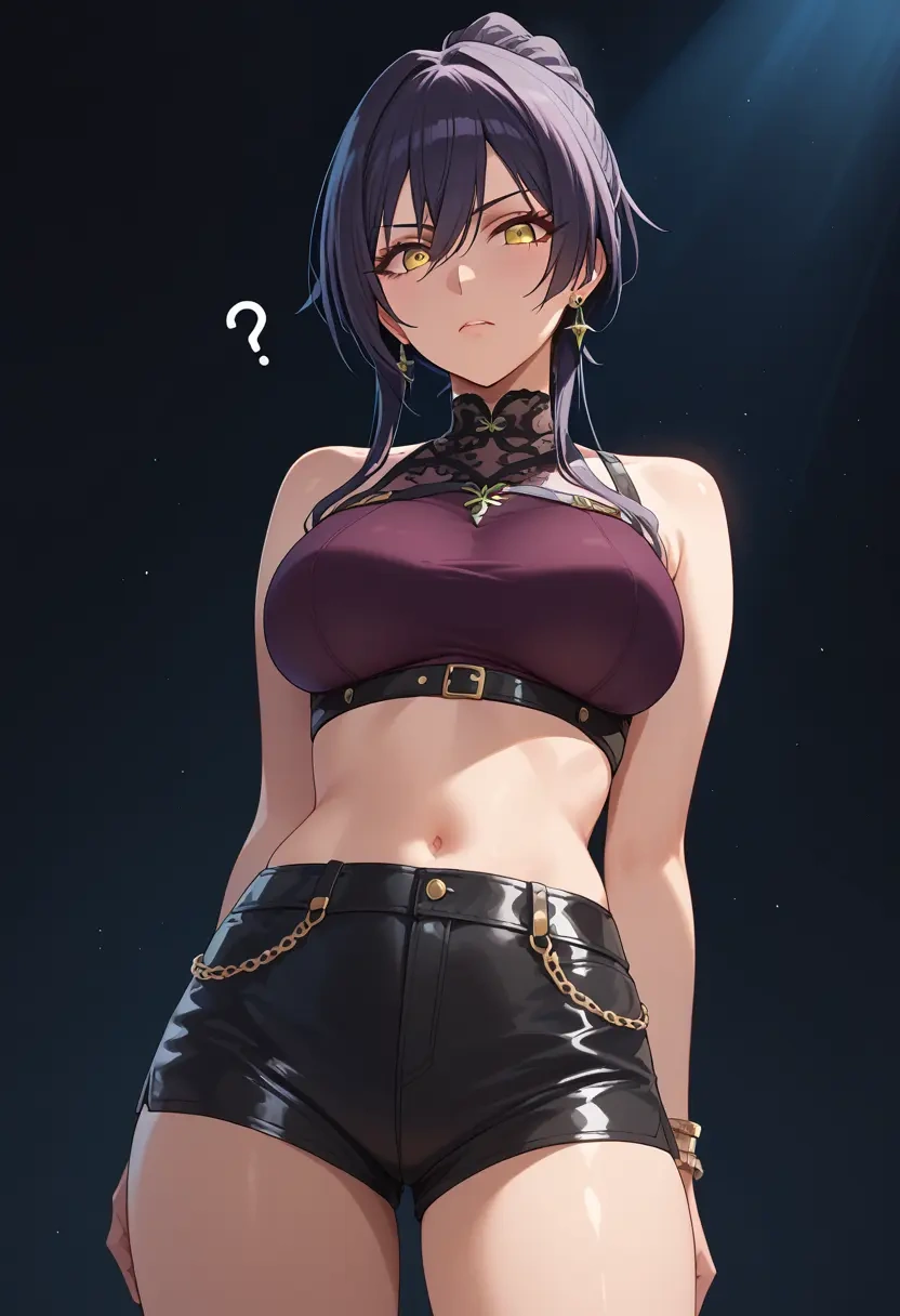 idolmaster,shirase_sakuya,leather,shorts,crop top  - 